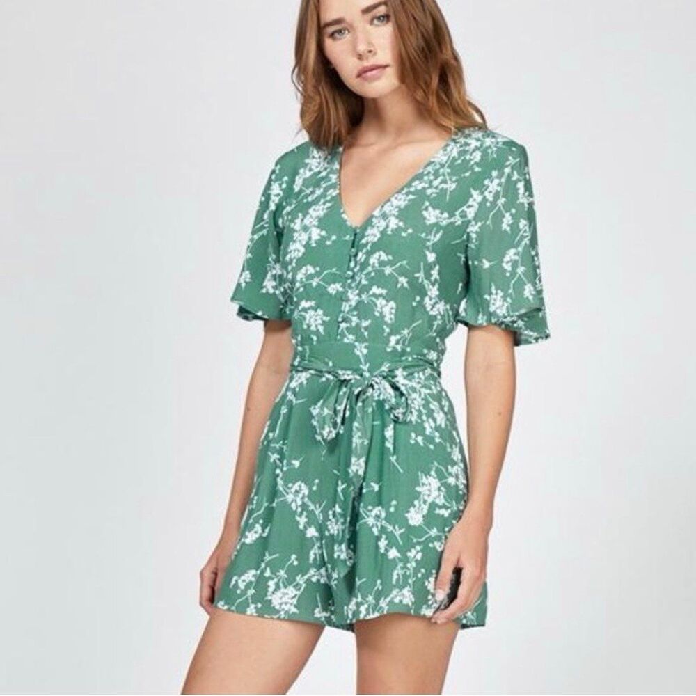 Anthropologie Greylin Green White Floral Faux Wrap Mini Romper Small